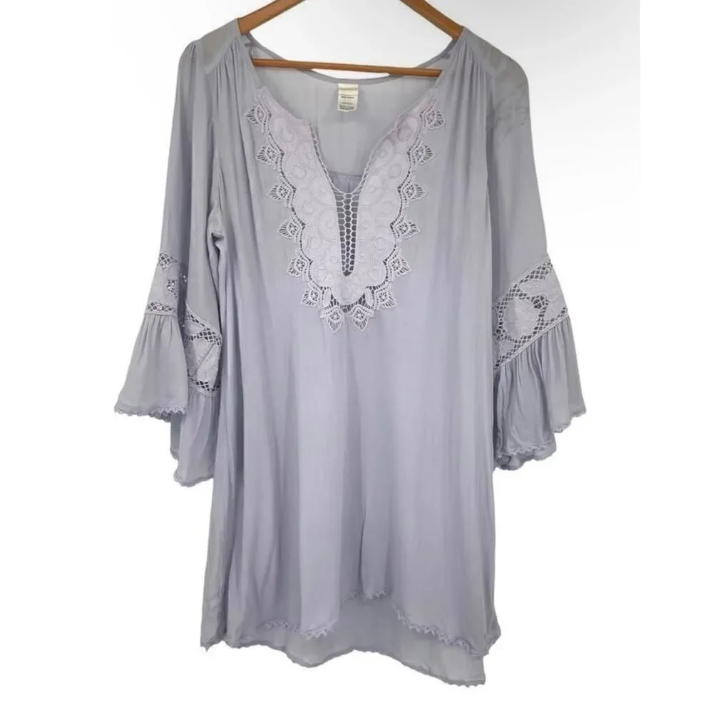 L*Space Lavender Crochet Lace Bell Sleeve Tunic Cover Up Medium Boho Rayon